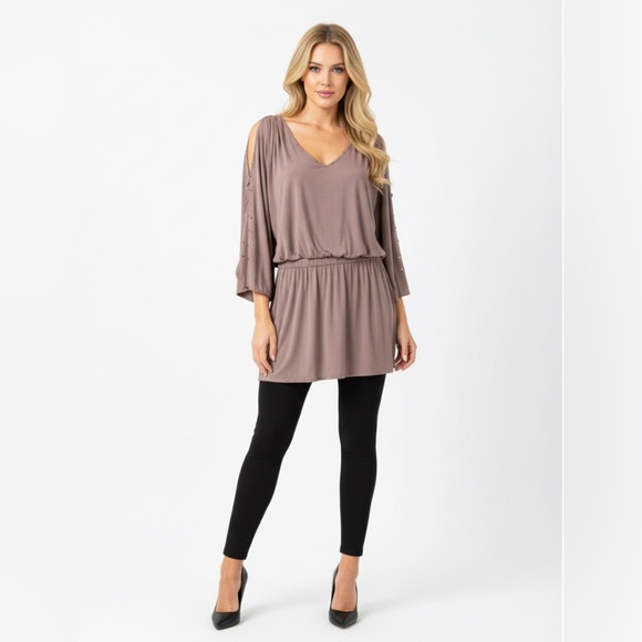 Vintage Y2K Cache Tunic Mini Dress Cold Shoulder Honey Beige Size Medium - Picture 15 of 15